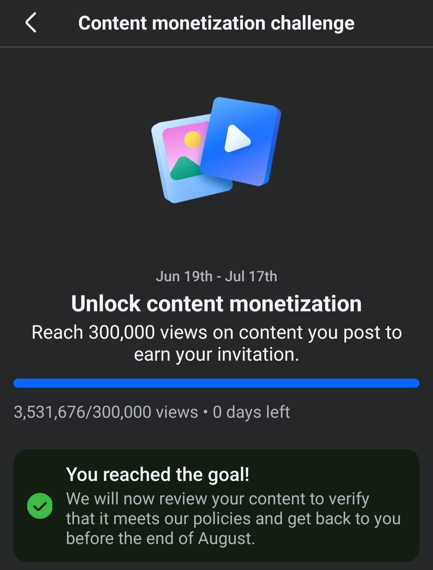 Creator-reported Facebook Content Monetization Challenge screen showing 3,531,676 eligible views and Meta’s end-of-August review message