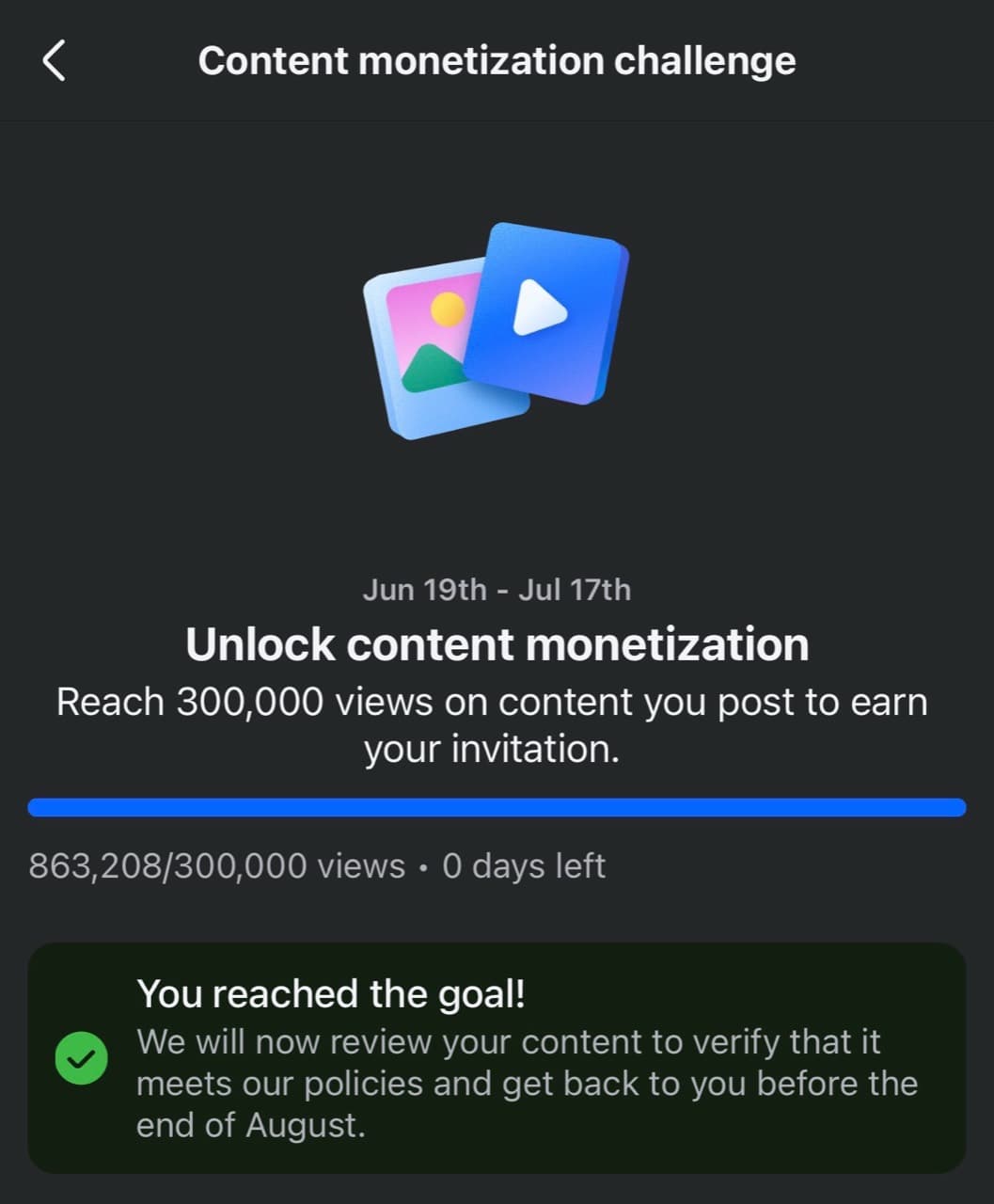 Kentucky Crime Watch Facebook Content Monetization Challenge screen showing 863,208 out of 300,000 views and Meta’s end-of-August review message