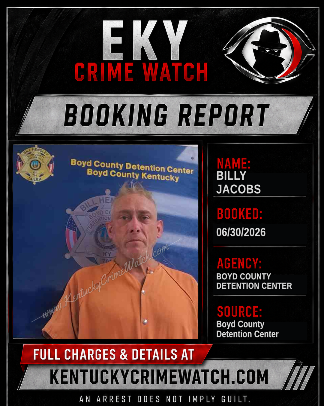 BILLY JACOBS booking report card
