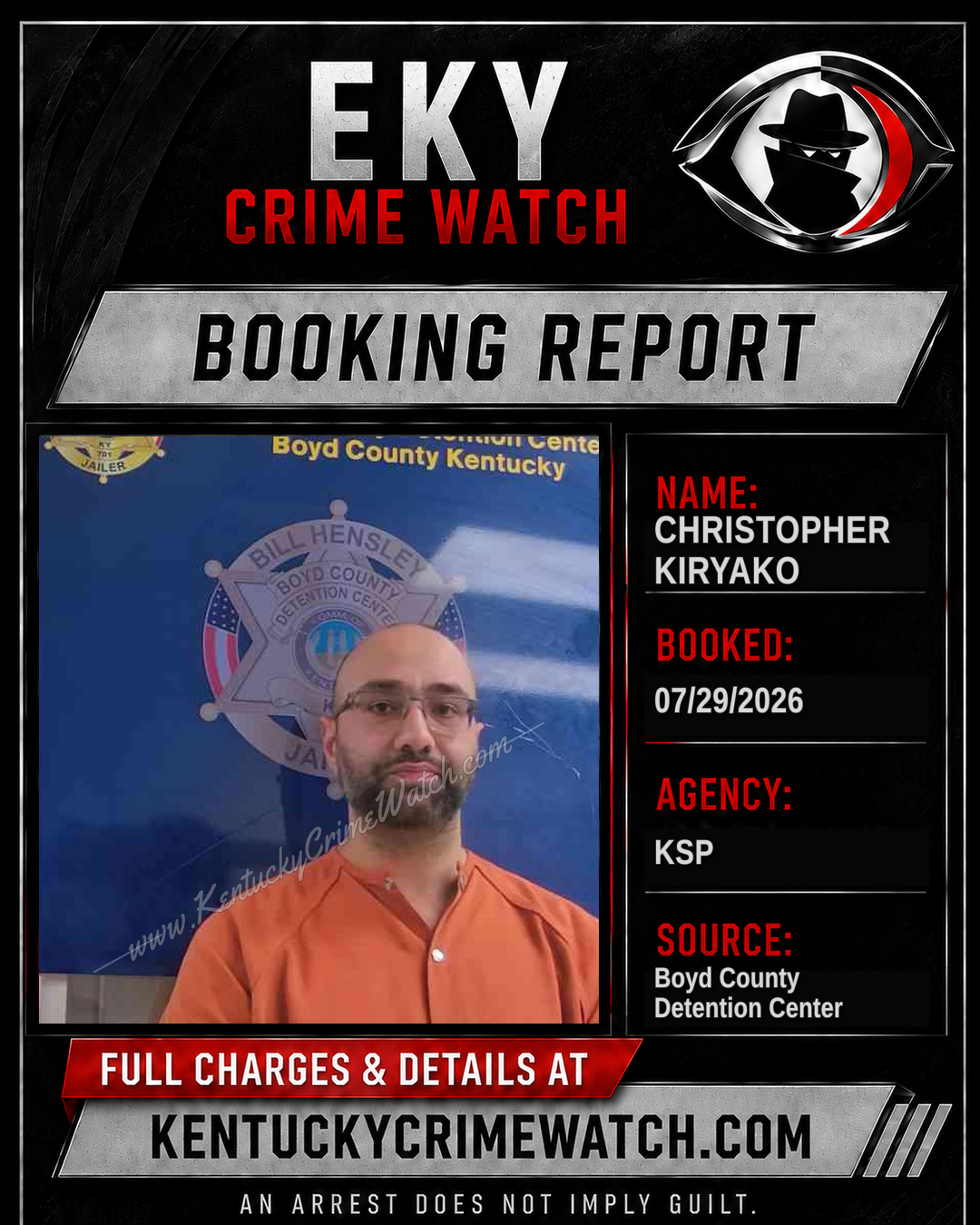 CHRISTOPHER KIRYAKO booking report card