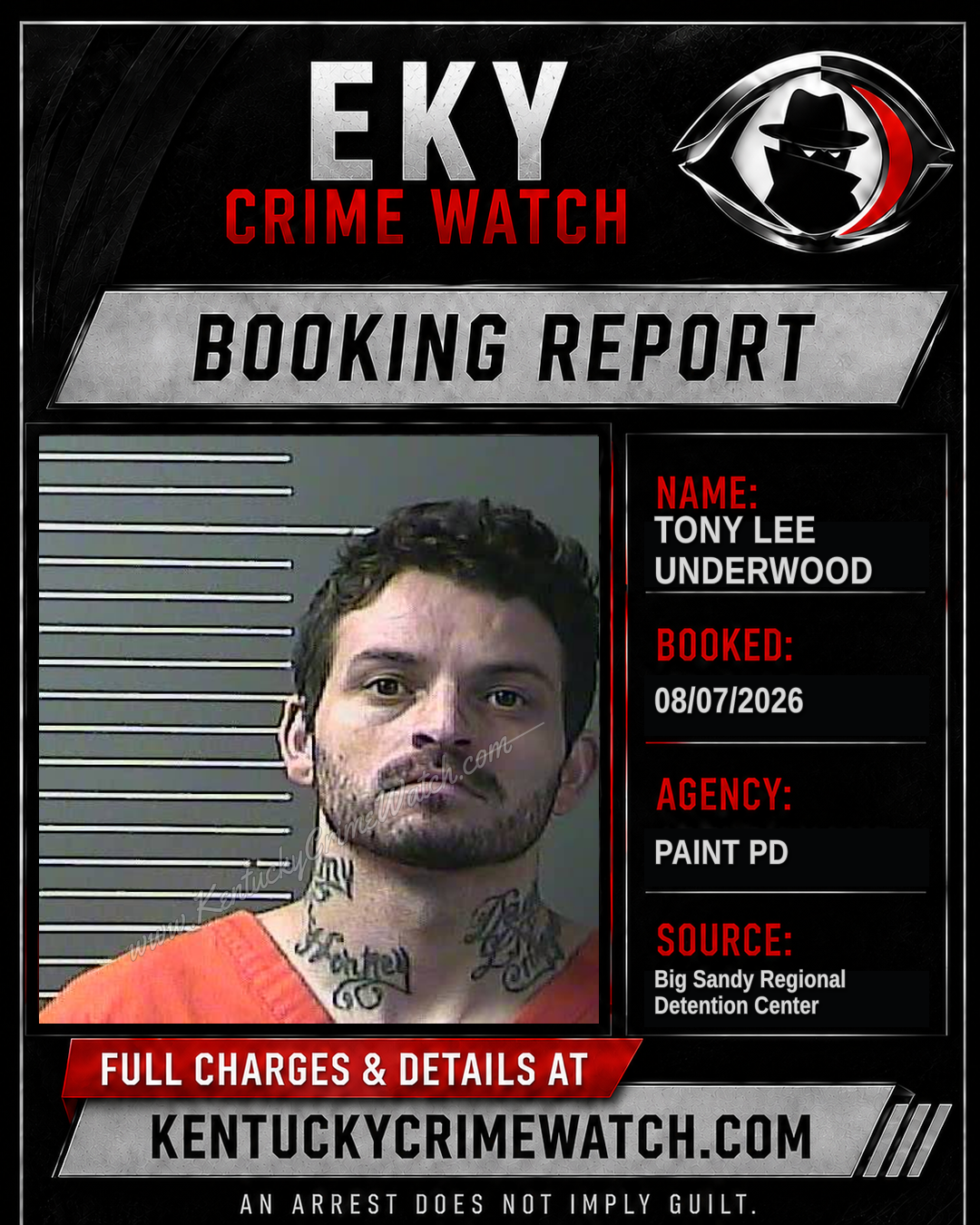 TONY LEE UNDERWOOD booking report card