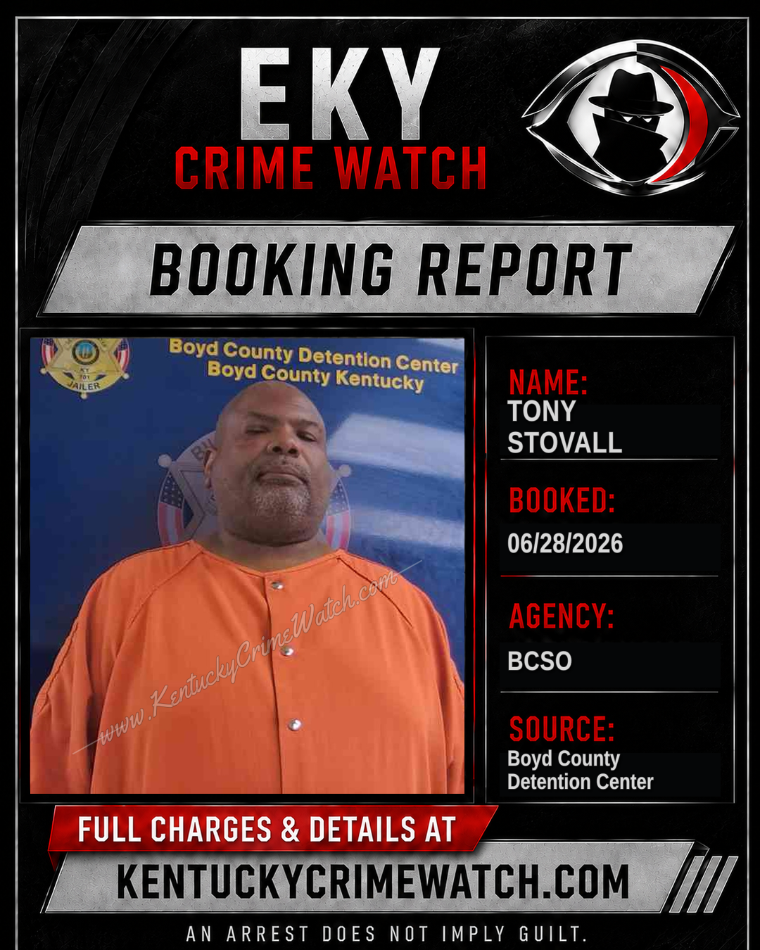 TONY STOVALL booking report card